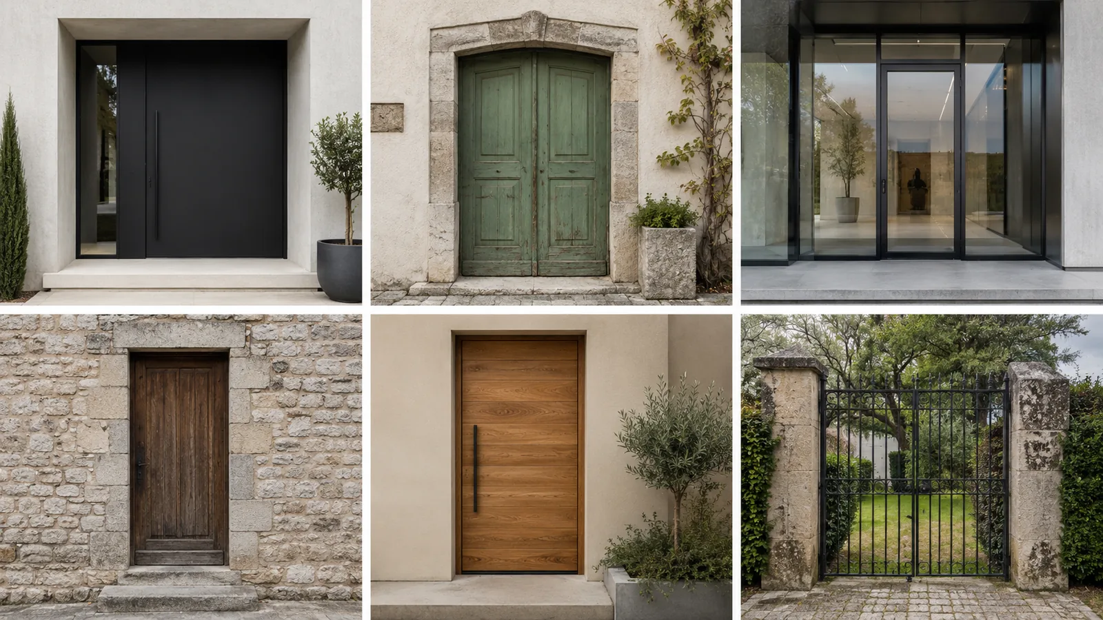 Six portes d entree de styles differents : villa contemporaine, maison vigneronne, PPE, maison de village, illustrant la diversite des profils d acquereurs
