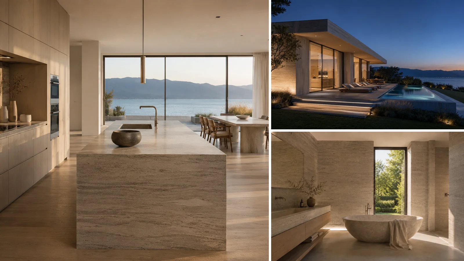 Mise en valeur d un bien avant vente : sejour au crepuscule, cuisine et salle de bain, finitions pierre et chene