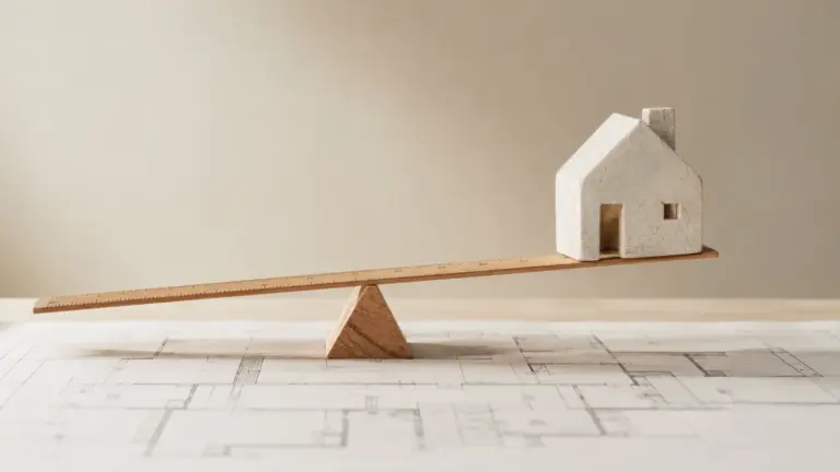 Maquette de maison en equilibre sur une regle au-dessus dun plan, metaphore du financement