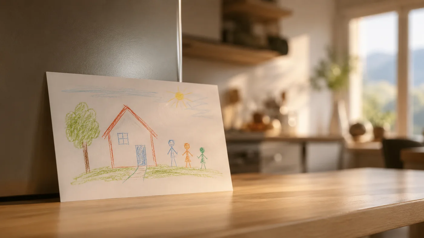 Dessin denfant dune maison et dune famille, sur un comptoir de cuisine