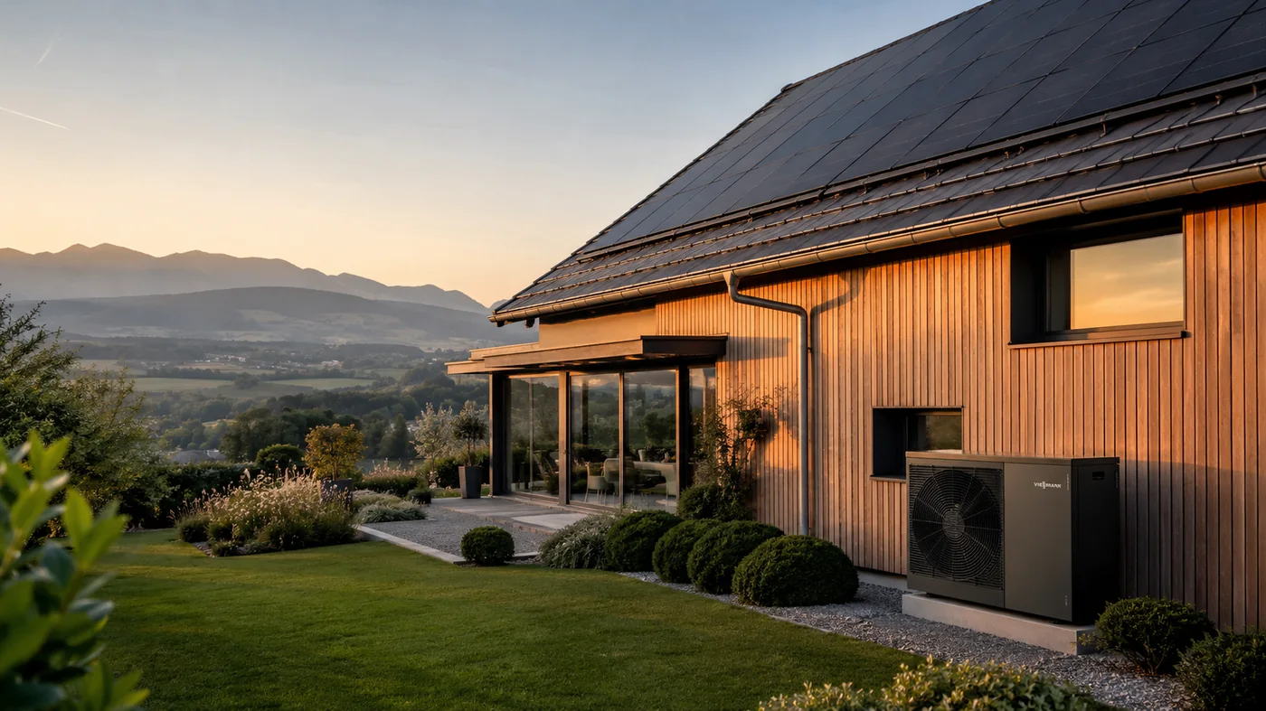 Maison en bois avec toit solaire et pompe a chaleur, lumiere doree