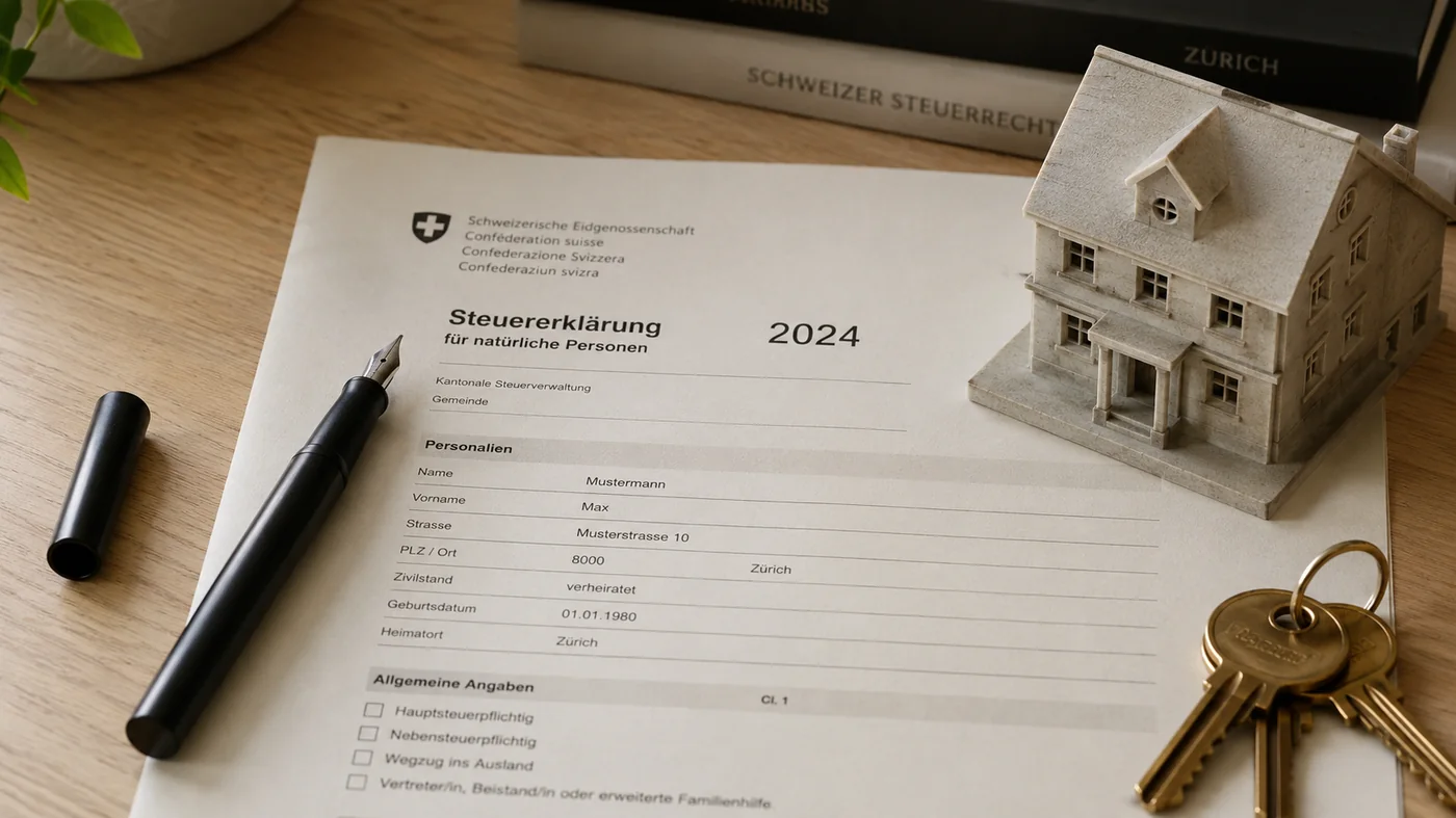 Steuererklarung suisse avec maquette de maison et trousseau de cles