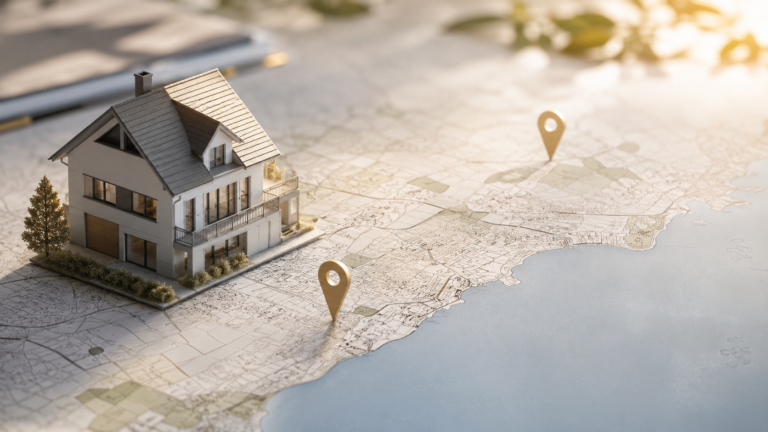 Modele de maison pose sur une carte avec reperes de localisation
